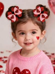 2pcs Valentine's Day Hair Bows For Baby Girls Bling Love Hair Clips Sparkly Glitter Bow Barrettes Alligator Clips Girls Gifts Sweet Princess Valentine's Hairpins Baby Hair Accessories - Multicolor - View 2