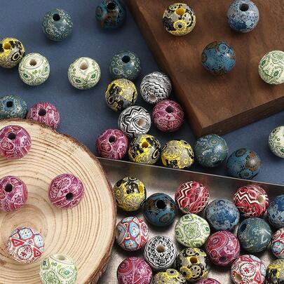 10 piezas de cuentas de madera natural de 16 mm, cuentas redondas impresas con rayas irregulares de estilo bohemio, cuentas espaciadoras de flores para hacer joyas, pulseras, collares, aretes, llaveros y proyectos de manualidades con un estilo retro de moda