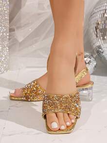 1 Pair Summer Gold Rhinestone Square Toe Block Heel Sandals, Transparent Heel Ankle Strap Dress Shoes For Women Party And Wedding - Gold - View 4