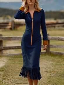 Vestido nuevo de mujer, ceñido y de manga larga con cierre - estilo western retro en gamuza azul con flecos y contraste - Azul marino - Ver 3