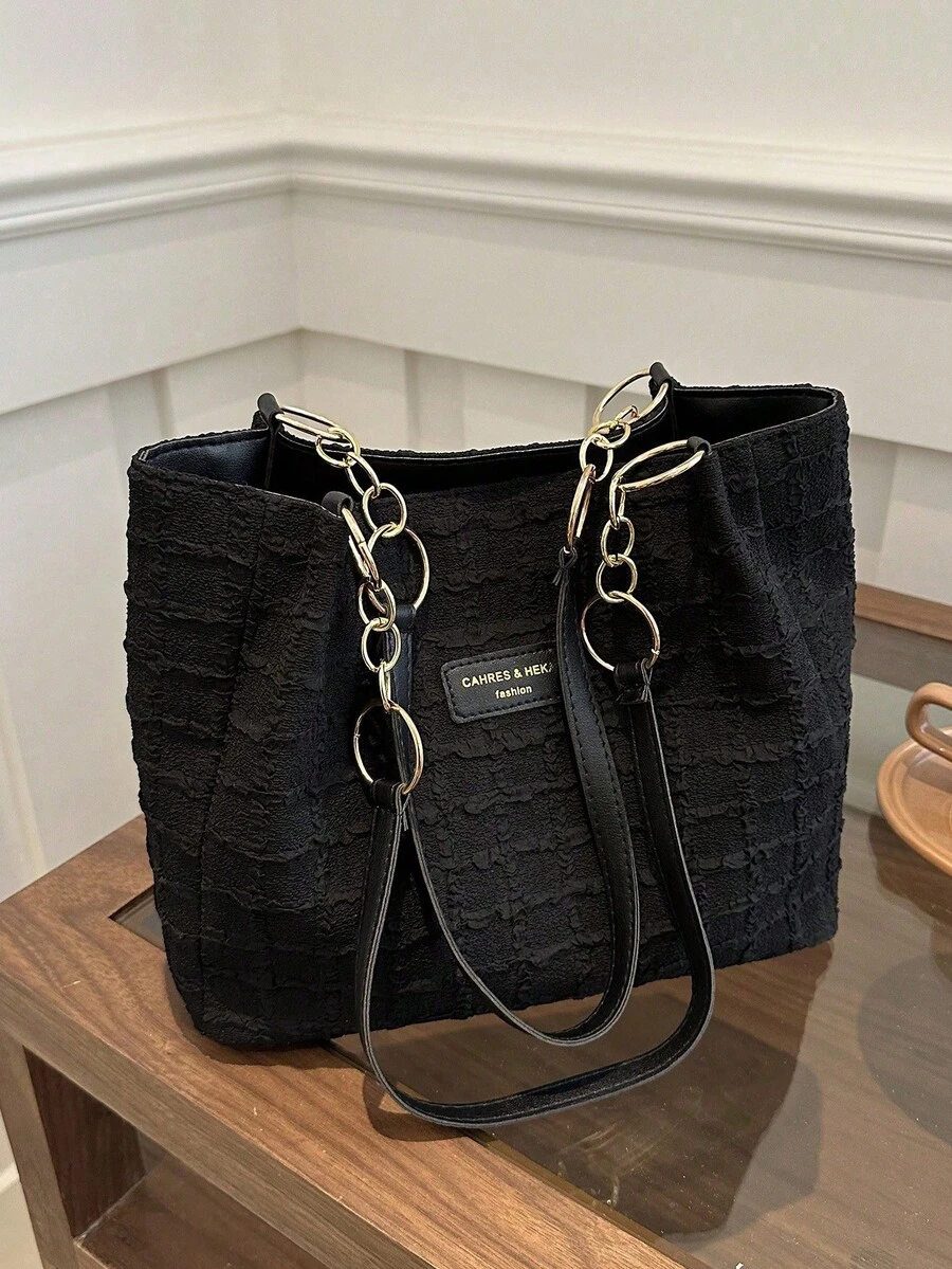 Fashion Striped Handbag - Women's Large Capacity Shoulder Bag - Zipper Tote Bag For Daily Use - Metal Chain Strap Tote Bag - Black - View 1