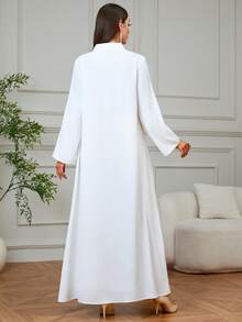 Women's Elegant Black & White Jacquard Jacquard Long Gold Rope Embroidered Kaftan Robe, Suitable For Eid, Home Parties, Dates, Everyday Wear - Black and White - View 2