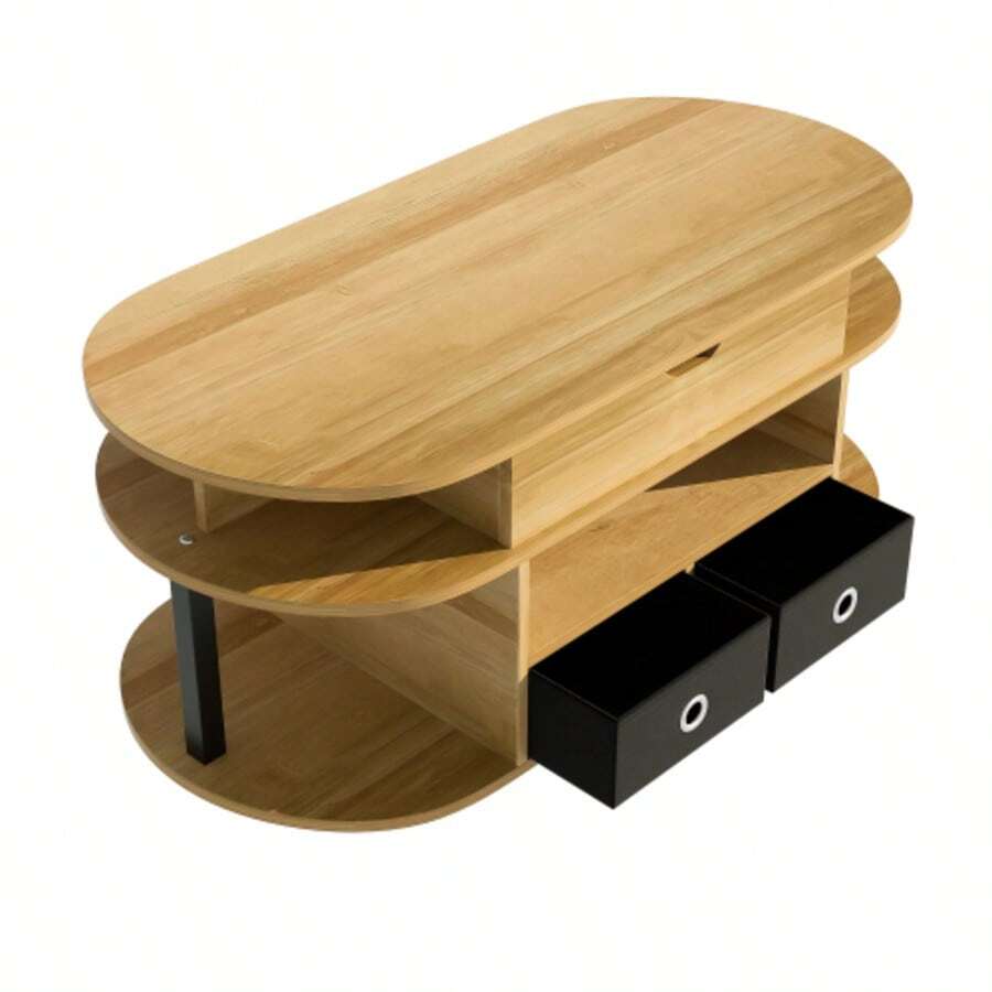 Table basse moderne avec finition imitation bois, mécanisme de levage, espace de rangement et tiroirs en tissu noir – polyvalente, élégante et pratique pour le salon et le bureau. - Noir - Voir 1
