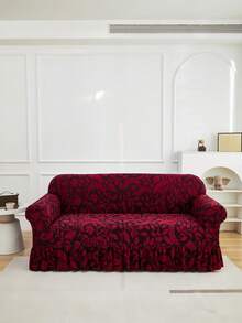 1pc Plush Jacquard Sofa Cover With Skirt, High Stretch Plant Leaf Pattern, Suitable For Various Occasions, Machine Washable - Burgundy - View 2