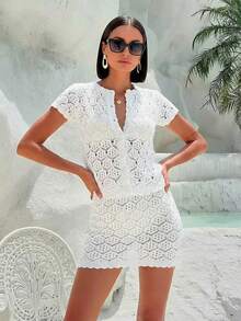 2pcs/Set Women's Crochet Hollow Out Sexy Sleeveless Knit Cardigan + Shorts, Summer Vacation Outfit - Women's 2pcs Vacation Set, Crochet Hollow Out Club Sexy Fitted Suit - White - View 7