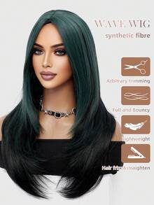 黑色挑染绿色中分长直发假发，26英寸，女士自然直发假发，蓬松透气，耐热合成纤维假发，非常适合初学者打造时尚日常造型，完美适用于约会、拍照、角色扮演、优雅派对、音乐节、聚会等场合。 - 挑染綠色 - 查看 8