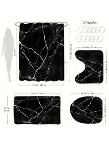 1pc/4pcs Black Marble Texture Pattern Spring Bathroom Set, Bathroom Curtains, Digital Print Polyester Shower Curtain, No Drilling Bathroom Divider Curtain - Multicolor - View 5