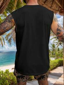 男士棕榈树印花圆领无袖背心和短裤休闲两件套 - 棕色 - 查看 5