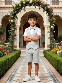 三件套男童夏季新款演出服，适合婚礼、选美等正式场合，绅士套装 - 马甲 + 短裤 + 领结 - 灰色 - 查看 3