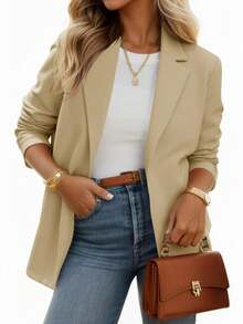 Womens Casual Knit Blazer Long Sleeve Open Front Stretchy Work Office Jacket With Pockets - Màu Khaki - Xem 1