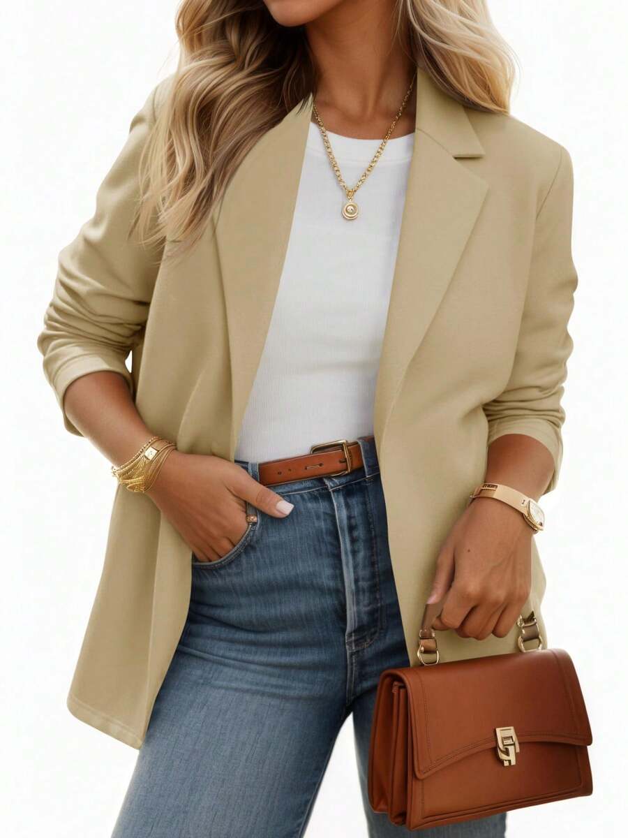 Womens Casual Knit Blazer Long Sleeve Open Front Stretchy Work Office Jacket With Pockets - Màu Khaki - Xem 1