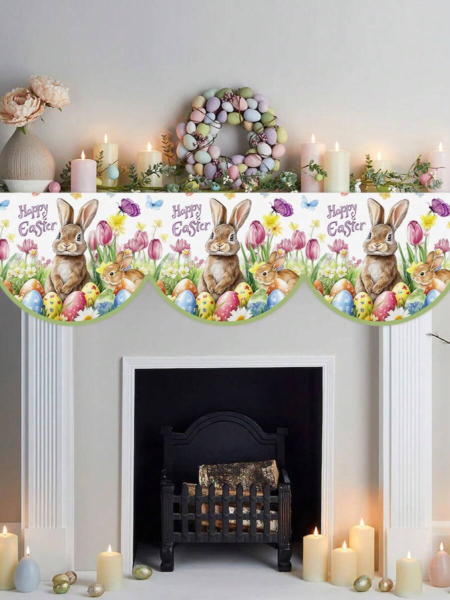 1pc, Easter Fireplace Scarf, Bunny Rabbits Eggs & Vibrant Flowers Design Mantel Cover, Easter Decorations For Home 2026, Festive Spring Holiday Decorative Runner, Seasonal Kitchen Dining Room Table Decor