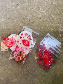 100pcs Red Heart Printed Gift OPP Bags, Valentine's Day, Mother's Day, Wedding Theme Party, Couples, Lovers Gift Wrapping Sealing Bags, Suitable For Theme Party Promotion Gifts - 紅色 - 查看 4