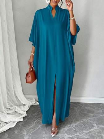 Aprikosfärgad klänning med V-ringning och fladdermusärm, slitsad fåll, avslappnad minimalistisk stil, lämplig för höst/vinter, vardag, fritid, shopping, utflykt och lätt att matcha