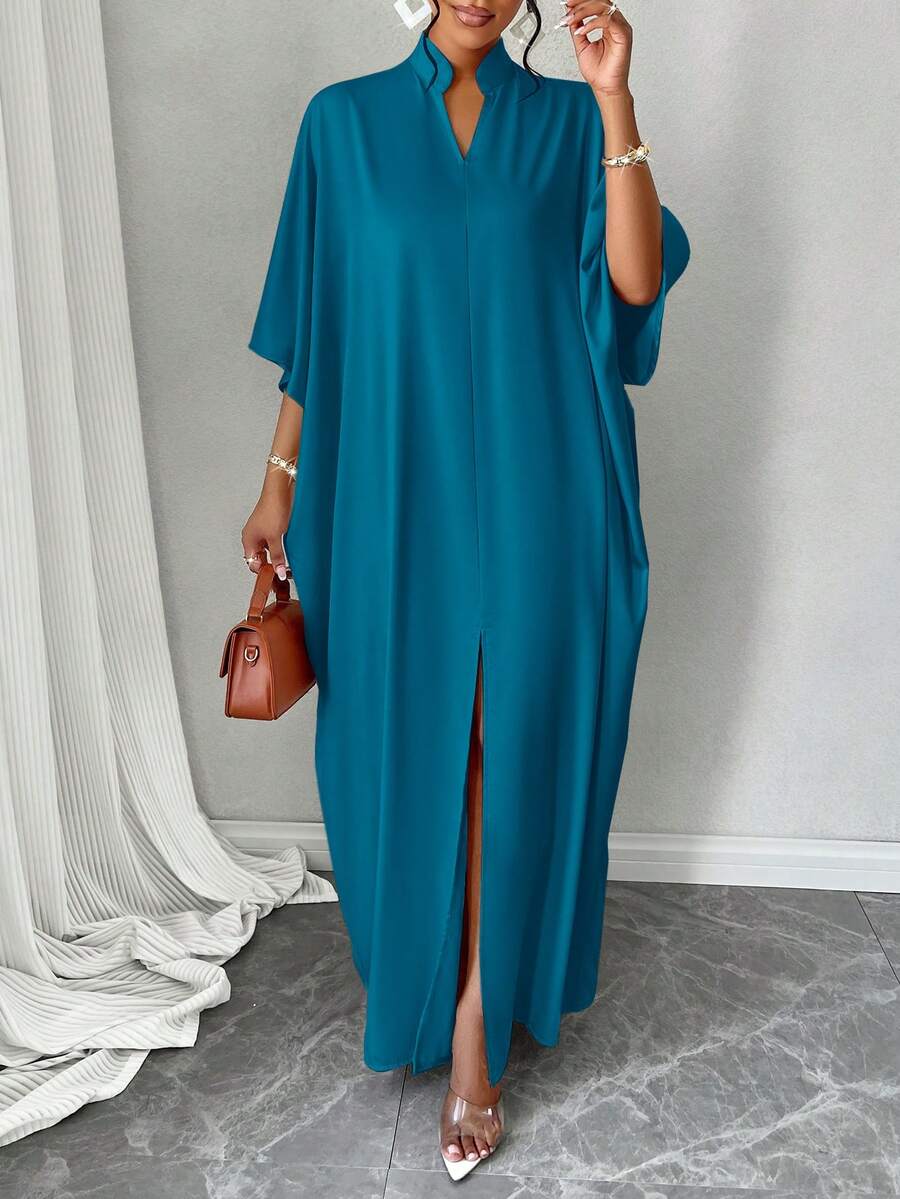女士无弹力蝙蝠袖阿拉伯长裙，V领设计，高开衩 - 水鴨藍 - 查看 1