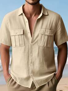 Loose Breathable Casual Linen Multi-Pocket Button-Up Short Sleeve Shirt - Khaki - View 4