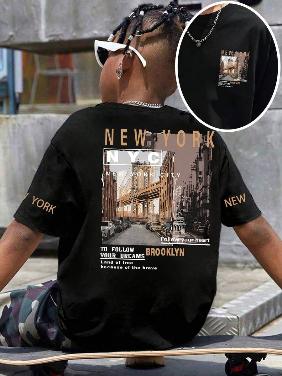 Tween Boys' Casual City Scenery Print Short Sleeve T-Shirt, Summer - Black - View 1