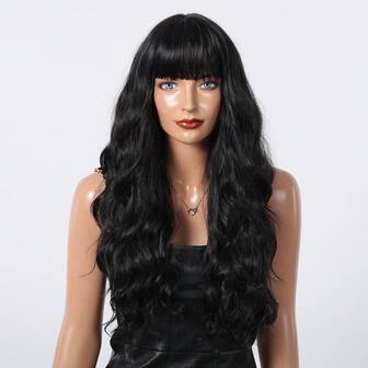 1 pieza Peluca de cabello sintético ondulado color castaño rojizo con flequillo, de 26 pulgadas de largo, de fibra resistente a altas temperaturas, con gorro de red color rosa, para uso diario y de fiesta