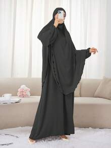 2pcs Set (Khimar + Abaya) Solid Color Muslim Prayer Outfit, Convenient Zipper Long Robe Abaya With Matching Hijab Headscarf, Casual Outdoor Essential Fashion Prayer Jilbab, Women's Abaya Robe, Abayas For Muslim Women - Multicolor - View 24