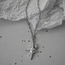 Y2K 芒星月亮吊坠项链套装，个性化镶嵌水钻星星爱心蛇骨不锈钢粗链项链，适合女性 - 銀色 - 查看 6