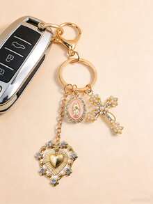 Christian Amulet Keychain,Elegant Golden Cross Keyring With Heart & Faux Pearl Designcolorful Virgin Mary Decoration Pendant, Sparkling Diamond Amulet - Cross Keychain, Bag Amulet, Cross Pendant, Decorative Wallet Backpack Accessories, Headphone Bag Accessories, Luggage And Car Ring Buckle Decoration Keychain, Suitable As Holiday Gift, Valentine'S Day Gift - Multicolor - View 6