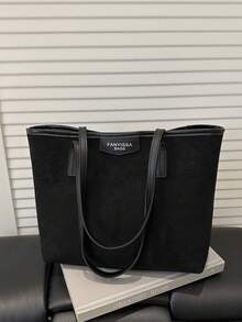 Bolso de hombro de gran capacidad con diseño de etiqueta de letra de unicolor de moda, estilo minimalista práctico para mujer - Negro - Ver 7