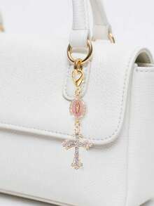 1pc Christian Charm Keychain, Decorated With Religious Cross, Pearl And Diamond Charms - Cross Keychain, Bag Charm, Cross Pendant, Decorative Wallet Backpack Accessory, Earphone Case Accessory, Keyring With Clasp For Luggage And Car - Single Jewelry Piece, Inlaid With Pearl, Diamond And Romantic Elements