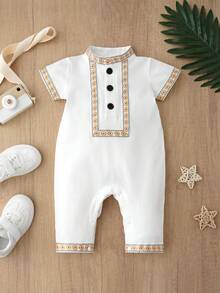 Middle Eastern Ramadan Baby Jumpsuit With Traditional Lace Trim - Short Sleeve White With Decorative Collar & Cuff Trim Details - White - View 12
