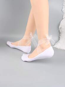 1 đôi tất nữ buộc dây ruy băng, kiểu dáng nông, mỏng, chống trơn trượt, thoáng khí, thấm hút mồ hôi, không lộ tất. - trắng - Xem 5
