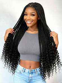 A ANYTIME Lace Front Braided Wigs With Curly Ends For Women Synthetic Fiber Hair Replacement Wigs 36 Inch Natural Color