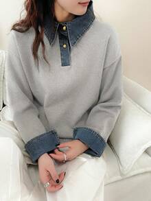 Áo len dệt kim phối vải denim kiểu Hàn Quốc dành cho nữ, thích hợp cho mùa Thu/Đông. - Xám - Xem 1