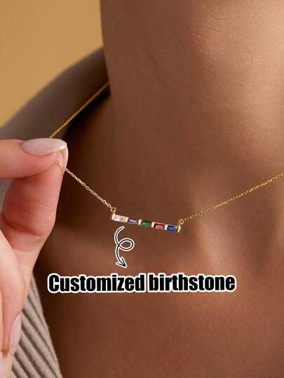 1 Custom Personalized Gold Baguette Birthstone Necklace, Personalized Family Jewelry, Custom Gift For Her, Minimalist Memorial Necklace, Mother's Day, Birthday, Valentine's Day Gift, Suitable For Girlfriend, Jewelry And Accessories