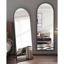58"X18" Arched Full Length Mirror - Wall/Floor Mounted With Stand Shatter-Proof Glass And Aluminum Frame Large Body Mirror For Bedroom Living Room Entryway Or Cloakroom Black - 58吋 x 18吋 黑色 + 58吋長 x 18吋寬 - 查看 6
