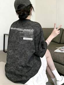 日系女式宽松圆领时尚百搭字母印花扎染短袖T恤，春夏款 - 黑色 - 查看 3