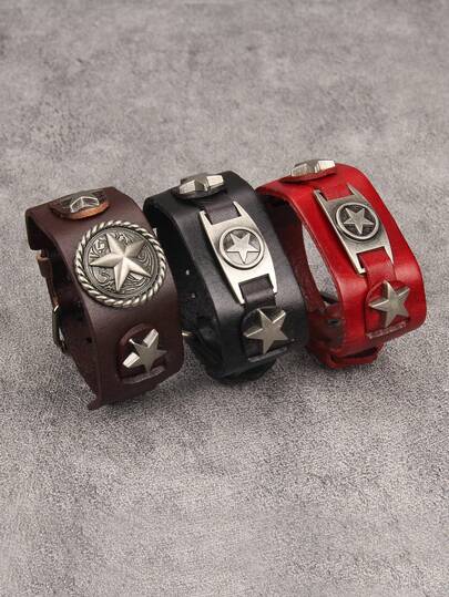 1pc Minimalist Embossed Pentagram Alloy Unisex Bracelet, Daily Couple Accessory, Leather Strap Bangle, Halloween Gift