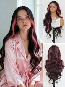 Perucă cu accent roz și dantelată - 33*10 cm, ondulată, sintetică, fără lipici, ondulată lungă, pentru uz zilnic, 66 cm