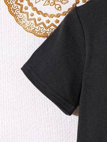 斋月系列月亮印花牛奶丝双面磨毛短袖上衣和短裤套装，女童款，休闲、可爱、舒适、百搭 - 黑色 - 查看 4