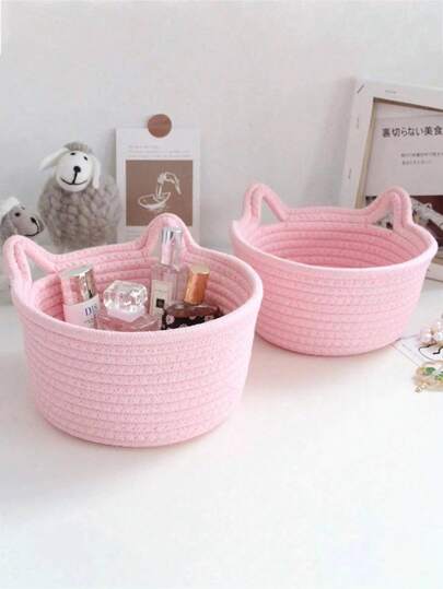 Pequeña cesta de almacenamiento tejida a mano con forma de oreja de gato, adecuada para guardar juguetes, ropa, cosméticos y artículos varios en el dormitorio, el tocador, el escritorio y otros espacios. Una solución organizativa ideal y una opción de regalo perfecta para el regreso a clases, las fiestas, el Día de Acción de Gracias, Año Nuevo y el Día de San Valentín - Mantén tus artículos ordenados y con estilo, perfecto para decoración del hogar y entusiastas de la moda.