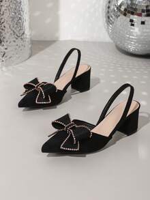 春季新款时尚女士尖头婚鞋，粗跟镶钻蝴蝶结休闲舒适高跟鞋 - 黑色 - 查看 6