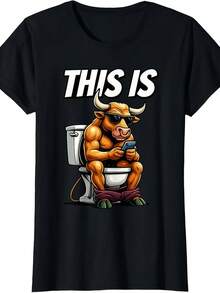 Funny Bull Sitting On Toilet T-Shirt - This Is Bull Humor Slogan - Men's & Women's Black 220gsm Heavy Cotton Crewneck Tee With Bull On Toilet & Smartphone Graphic - Casual Funny Bathroom Joke Apparel - trắng - Xem 2