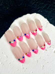 10 Peças Unhas Postiças Curtas Feitas à Mão com Bolinhas, Para Festa e Uso Diário, Strass 3D, Para Meninas, Fácil de Usar. 10 Peças Unhas Postiças Feitas à Mão Estilo Y2K, Gemas Artificiais Brilhantes, Estilo Primavera e Verão, Adequado para Meninas e Mulheres em Festivais, Festas e Uso Diário (Observação: A Cor dos Acessórios é Aleatória) - Rosa chiclete - Visão 13