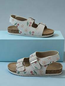 1 Pair Girls' Light Gray & White Cherry Blossom Shoes, Faux Suede Soft Cork Flat Sandals With Dual Metal Buckles + Ankle Strap, Non-Slip Soft Sole, Fresh & Sweet Style, Popular Summer Wear, Fashionable Design, Ideal Children's Sandals Gift - 灰色 - 查看 5