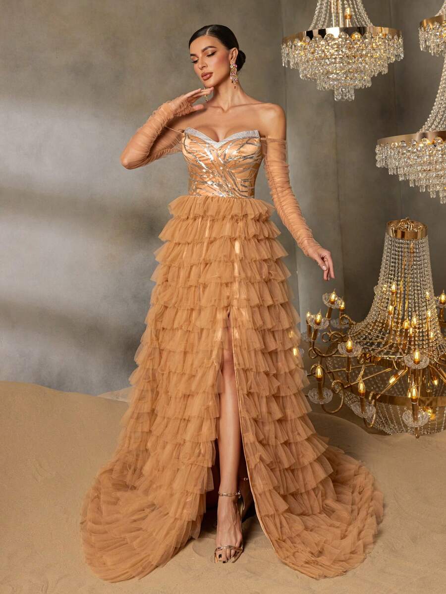 Faeriesty Women's Strapless Sequin Mermaid Maxi Dress, Multi-Layer Sheer Skirt, High Slit Design, Paired With Sheer Long Sleeves, Suitable For Red Carpet Galas, Formal Dinners, Weddings, Luxury Balls, And Special Occasions - Khaki - View 1