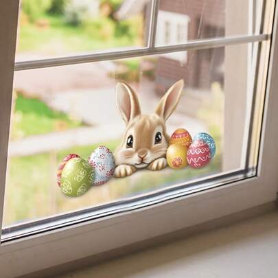 1 szt. Urocza naklejka na okno z królikiem i kolorowymi jajkami wielkanocnymi – odporna na zarysowania, łatwa w aplikacji naklejka winylowa na okna wewnętrzne – idealna do dekoracji świątecznych w sypialni i salonie, dekoracja w kształcie królika