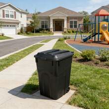 45 Gallon Wheeled Heavy Duty Plastic Garbage Can, Attached Lid, Black - 1 - Xem 1