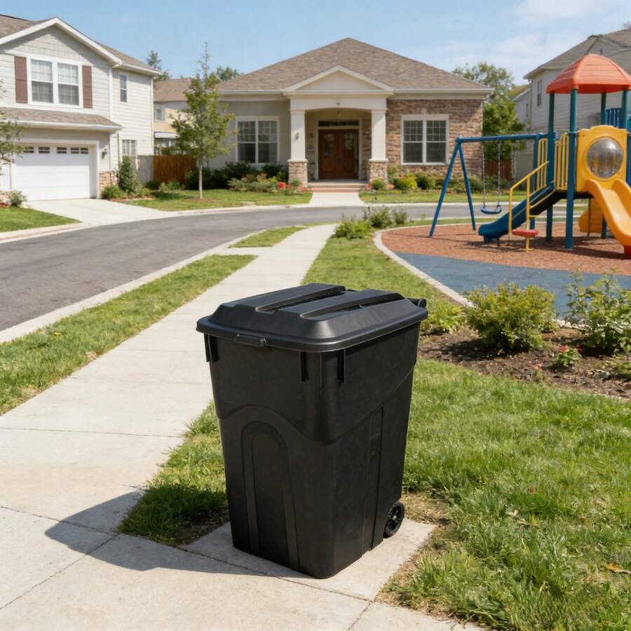 45 Gallon Wheeled Heavy Duty Plastic Garbage Can, Attached Lid, Black - 1 - Xem 1