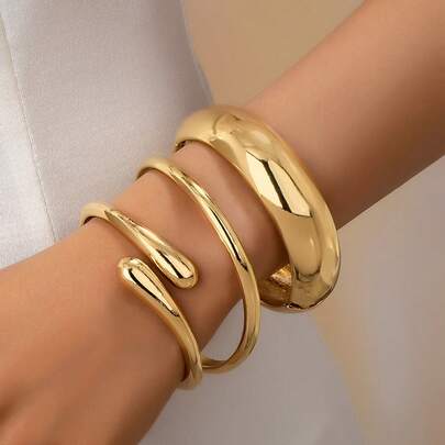 Set de 3 piezas/1 set de pulseras tipo brazalete geométricas asimétricas de gota con textura gruesa en tono dorado, adecuadas para mujeres, de material grueso, liso, mate, de metal pesado y aleación de zinc