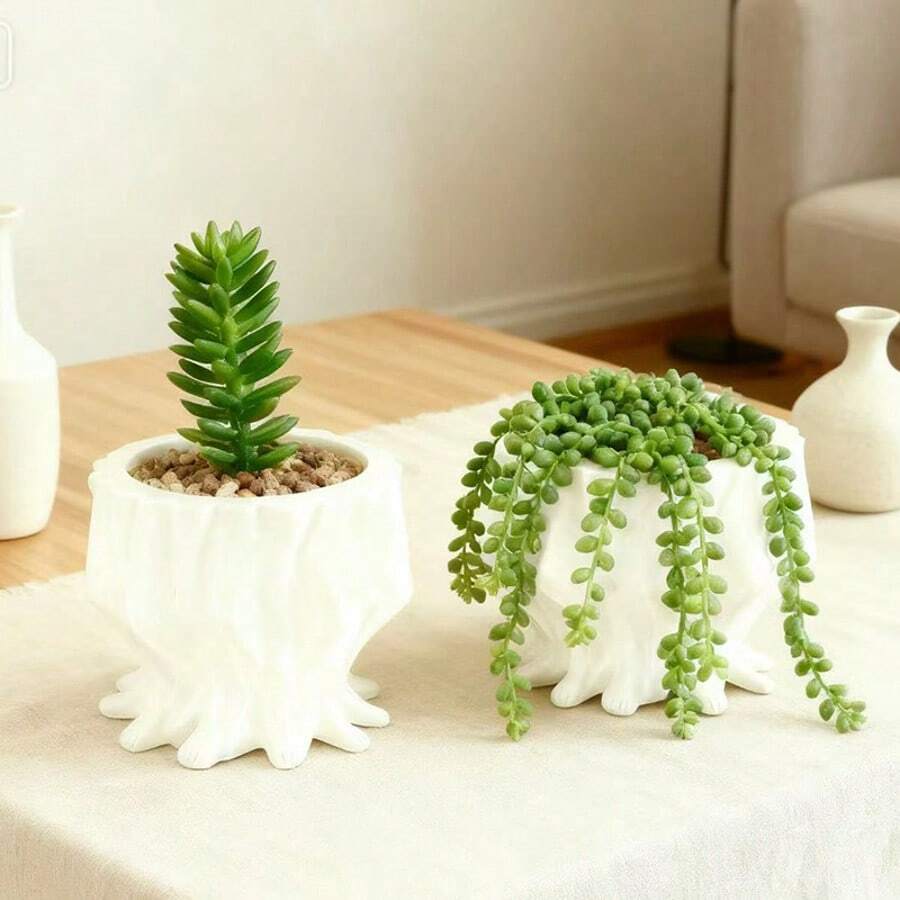 1pc Resin Flower Pot Sculpture With Drainage Hole Design, Suitable For Outdoor Garden Plant Pot Decor, Housewarming Gift - White - View 1