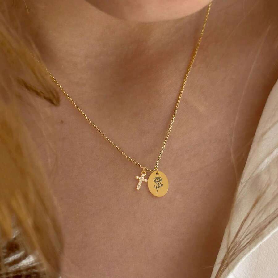 1件新款经典椭圆形生辰月份花朵十字架吊坠不锈钢链项链（女士款） - 金黃色 - 查看 1