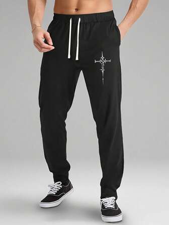 1pc Unisex Plus Size Cross Print Drawstring Sweatpants, Casual Streetwear For Daily, Commuting, Outdoor